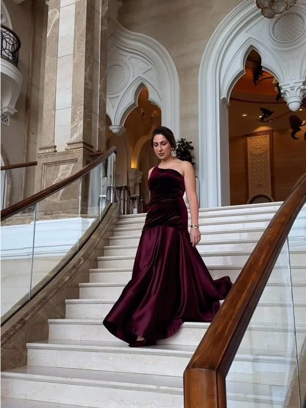 NWT Fehaute Burgundy Satin Ruched Velvet One Shoulder A-Line Gown Dress Size 4 - Picture 7 of 11